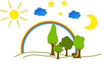 Das Schullogo der Schule am Borgfelder Saatland zeigt vier Bäume unter einem Regenbogen mit einem Schatz und darüber eine Sonne, Sterne, Wolken und den Mond.